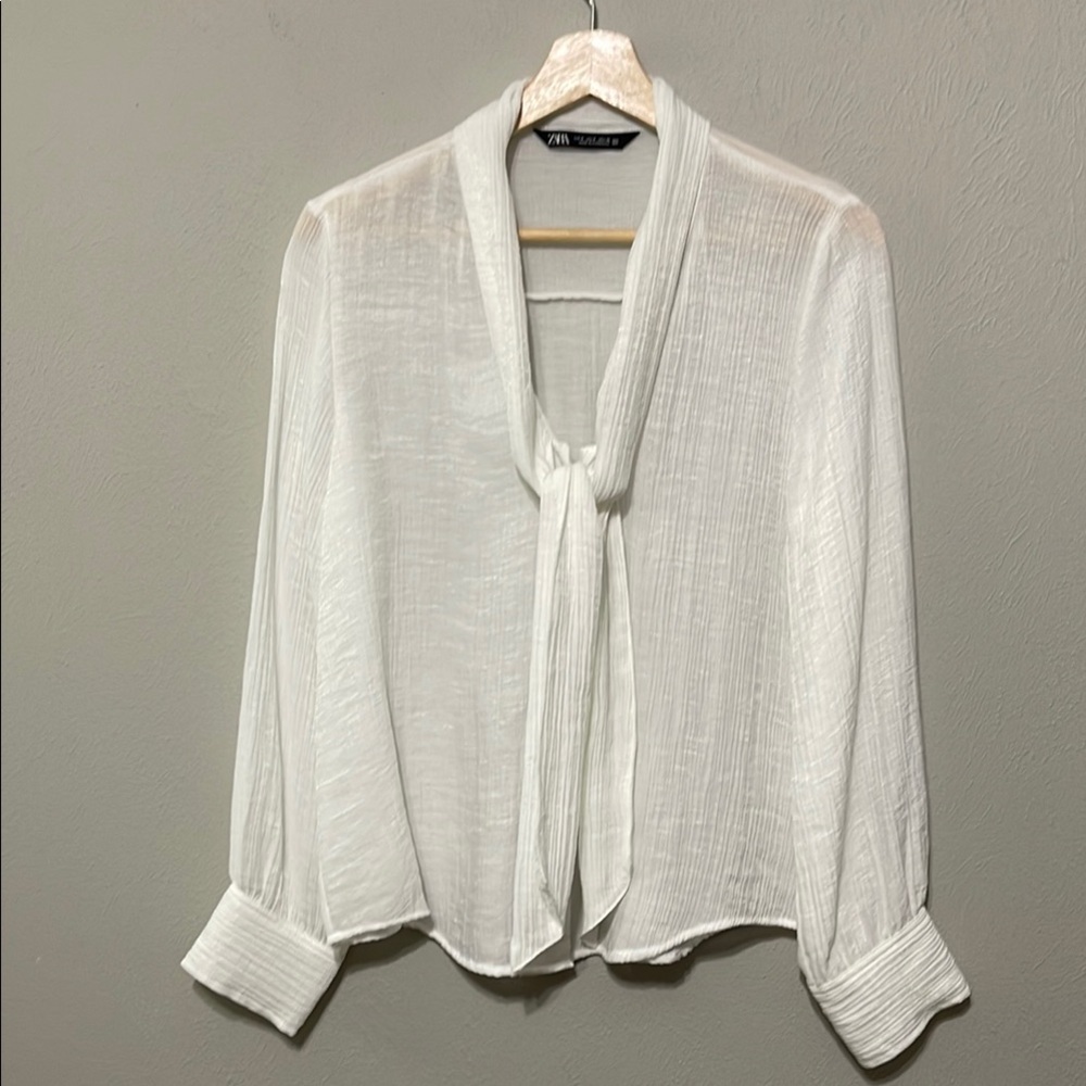 Zara White Semi Sheer Long Sleeve Tie Front Blouse, EUC